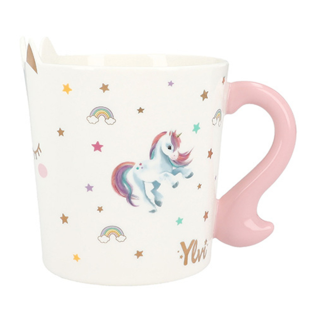 Ylvi Hrneček ve tvaru jednorožce Ylvi, S potiskem a nápisem : Be happy like a unicorn.