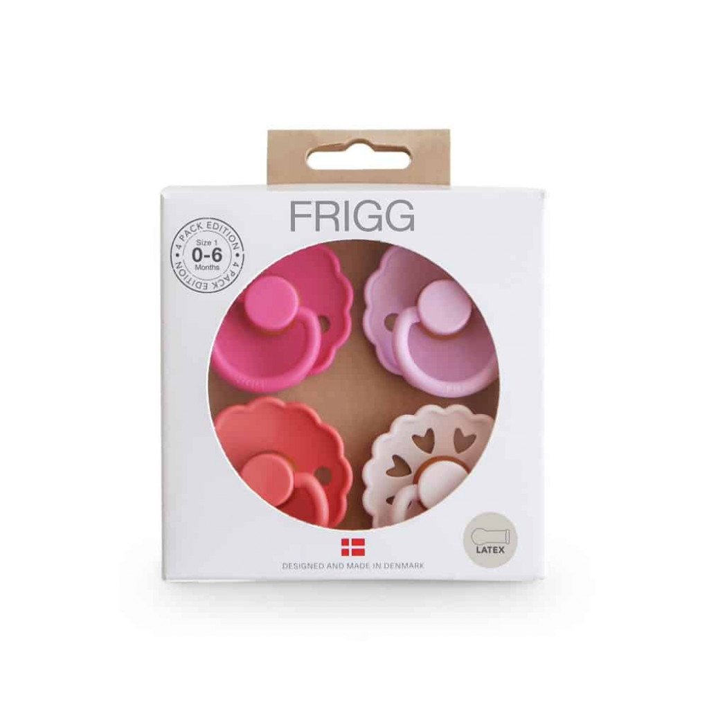 Frigg štvorbalenie okrúhlych cumlíkov frigg rosy romance, 6-18m, kaučuk