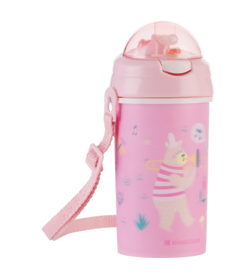 KikkaBoo Hrnček so silikónovou slamkou a popruhom 450ml Music Fest Pink