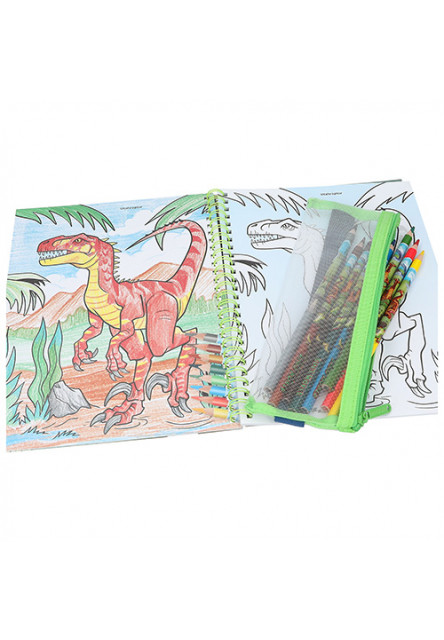 Omalovánka | Dino World Colouring Book, 8ks pastelek v látkovém penálu