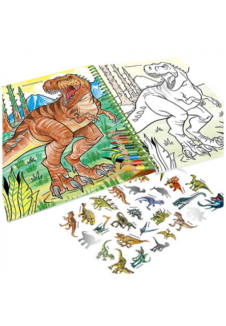 Omalovánka | Dino World Colouring Book, 8ks pastelek v látkovém penálu